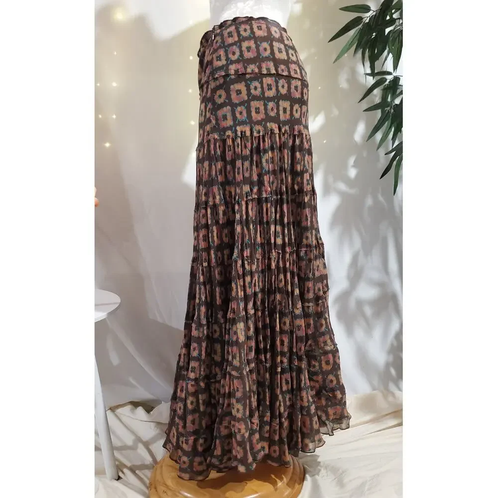 Vtg Jones New York 100% Silk Boho Floral Print Tiered Maxi Hippie Skirt Size 8 - Picture 5 of 11
